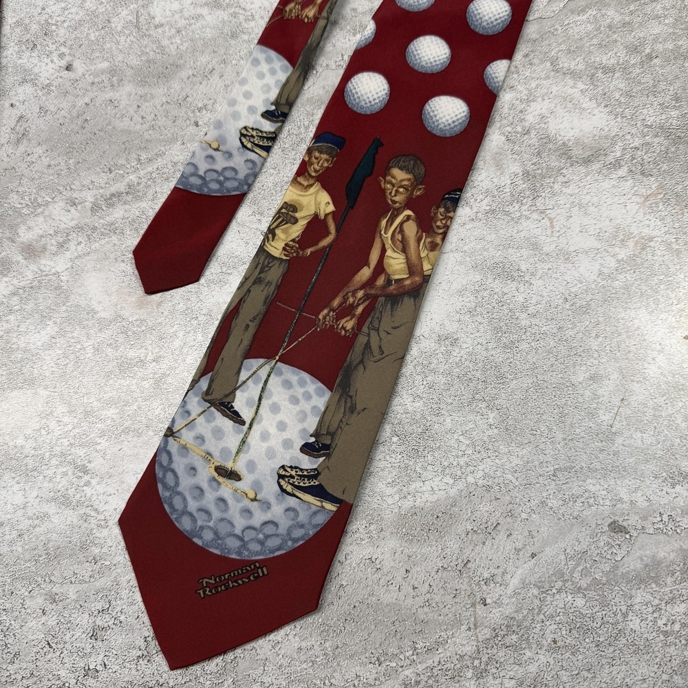 Vintage Brown & Bigelow Tie‎ Mens Norman Rockwell Red Polka Dot Golf Necktie 90s